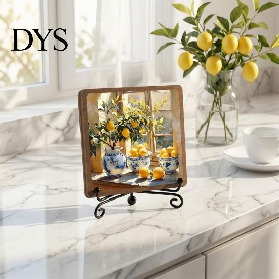 Vintage Lemon Oil Painting Decor Wooden Tabletop Sign, Pastoral Farmhouse Decorative Plaque with Handcrafted Art Iron Stand, Rustic Desktop