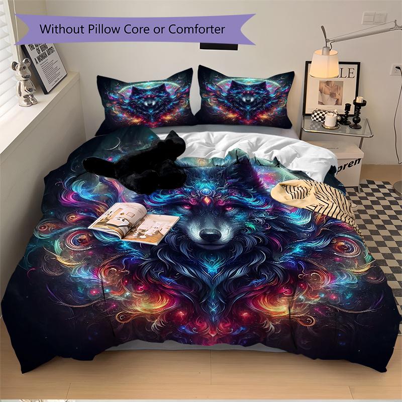 3pcs Psychedelic Journey Wolf Printed Quilt Set - Soft and Comfortable Quilt Cover for Bedroom, Guest Room and Dormitory