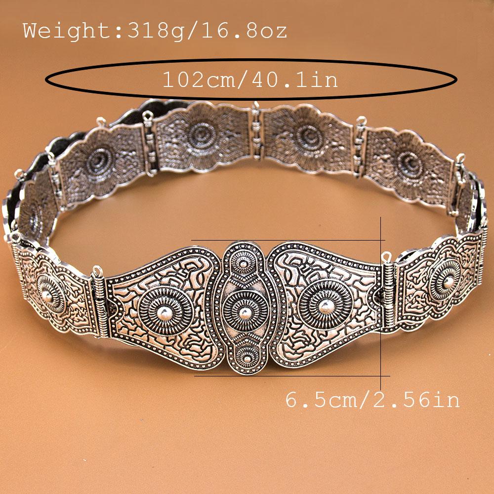 Vintage Slavic Caucasus Women Dress Belt Relief Pattern Rivet Decoration Metal Waist Belt Chain Adjustable Length