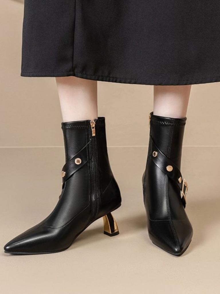 British Martin boots side zipper women's boots 2025 autumn and winter new temperament belt buckle pointed thin heel high heel short boots