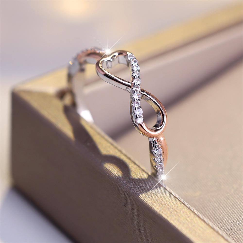 Simple Trendy 8 Shape Infinity Ring White Zircon Engagement Rings For Women Rose Gold  Color Wedding Band Two Tone Jewelry
