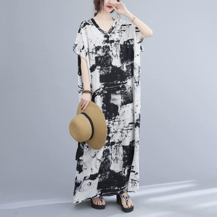 Sommer Damen Übergröße Kleid V-Ausschnitt Bohemian Blumendruck Locker Oversize Maxi Sommerkleid Groß 5104