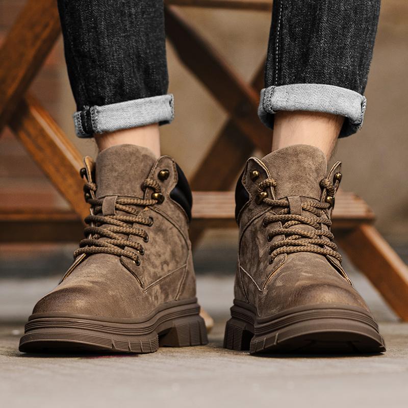 Spring and Autumn Men's Round Toe Shoes Are Fashionable Cool Trendy Versatile High-quality Casual Leather Lace Up High Top Shoes