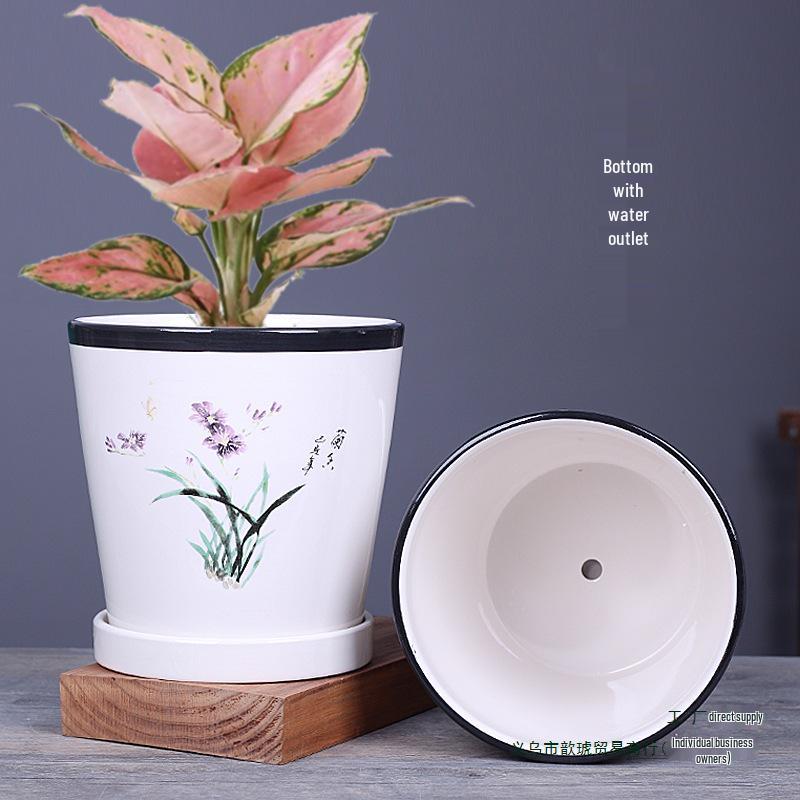 2025 Large Ceramic Flower Pot with Tray for Balcony & Living Room - Orchid & Succulent Album Style