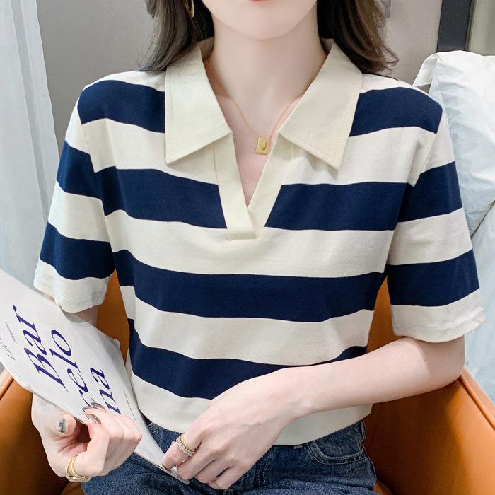 Striped Long-sleeved T-shirt Women's Pure Cotton Spring and Autumn 2025 New Thin POLO Collar with Bottoming Shirt Temperament Top
