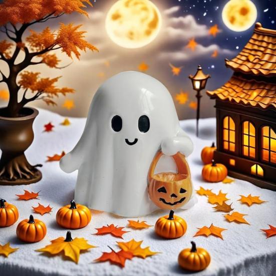 Halloween Ghost Figurine Resin Ghost Ornament Holding A Pumpkin Lantern Glossy Finish Ghost Statue for Home Office Desk Shelf Decor
