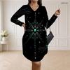 Women Plus Size V Neck Long Sleeve Black Floral Printed Loose Curved Hem Dress