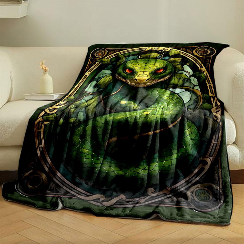 Art Nouveau Style Green Coiled Snake Blanket Bedroom Blanket for Livingroom Couch Lunch Break Soft Throw for Friend's Festival Gift