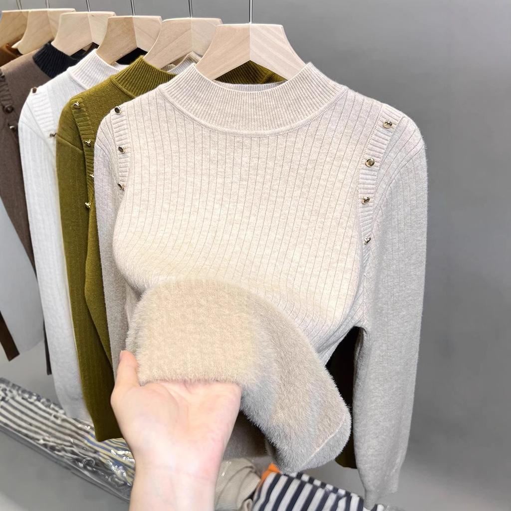 Pulover de Toamnă și Iarnă pentru Femei Plus Catifea Gât Mediu Înalt Cămașă de Bază All-in-one Catifea Îngroșată Hanorac Nou Pulover Tricotat Top