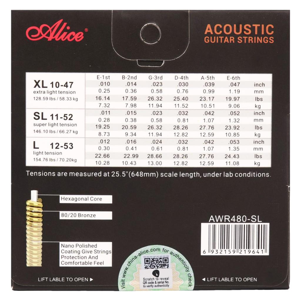 Alice Acoustic Guitar Premium Performance Guitar Super Light Strings, 80/20 Bronze, Strings, (.011-.052) AWR480-SL
