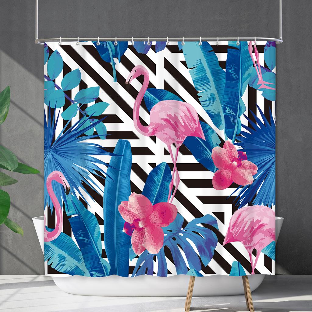 Shower Curtain Waterproof and Mildew-proof Digital Printing Horizontal Strip Plant Flower Printing Shower Curtain Partition Curtain Free Punching