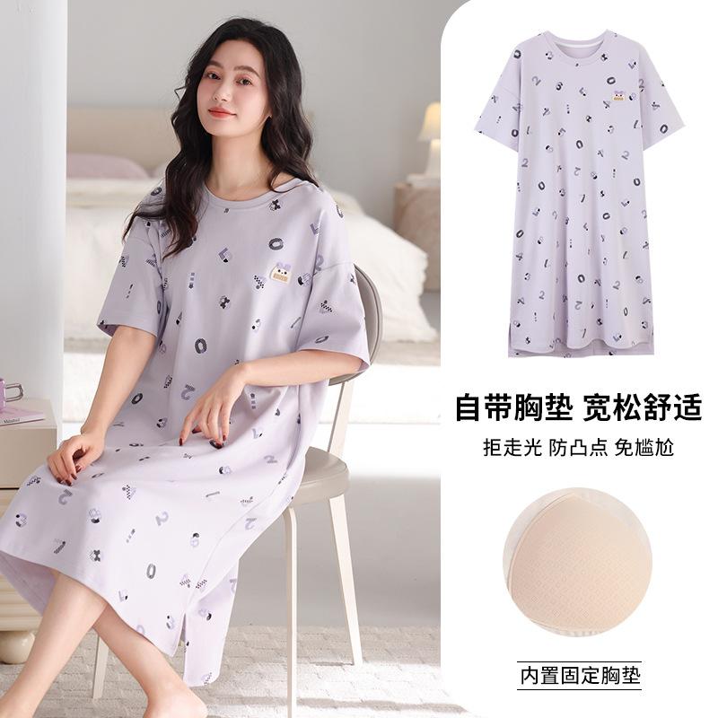 Pajama Women's 1011 New Integrated Summer Pure Cotton Thin with Chest Pad Can Be Worn Outside Loose Short-sleeved Pajama Skirt
