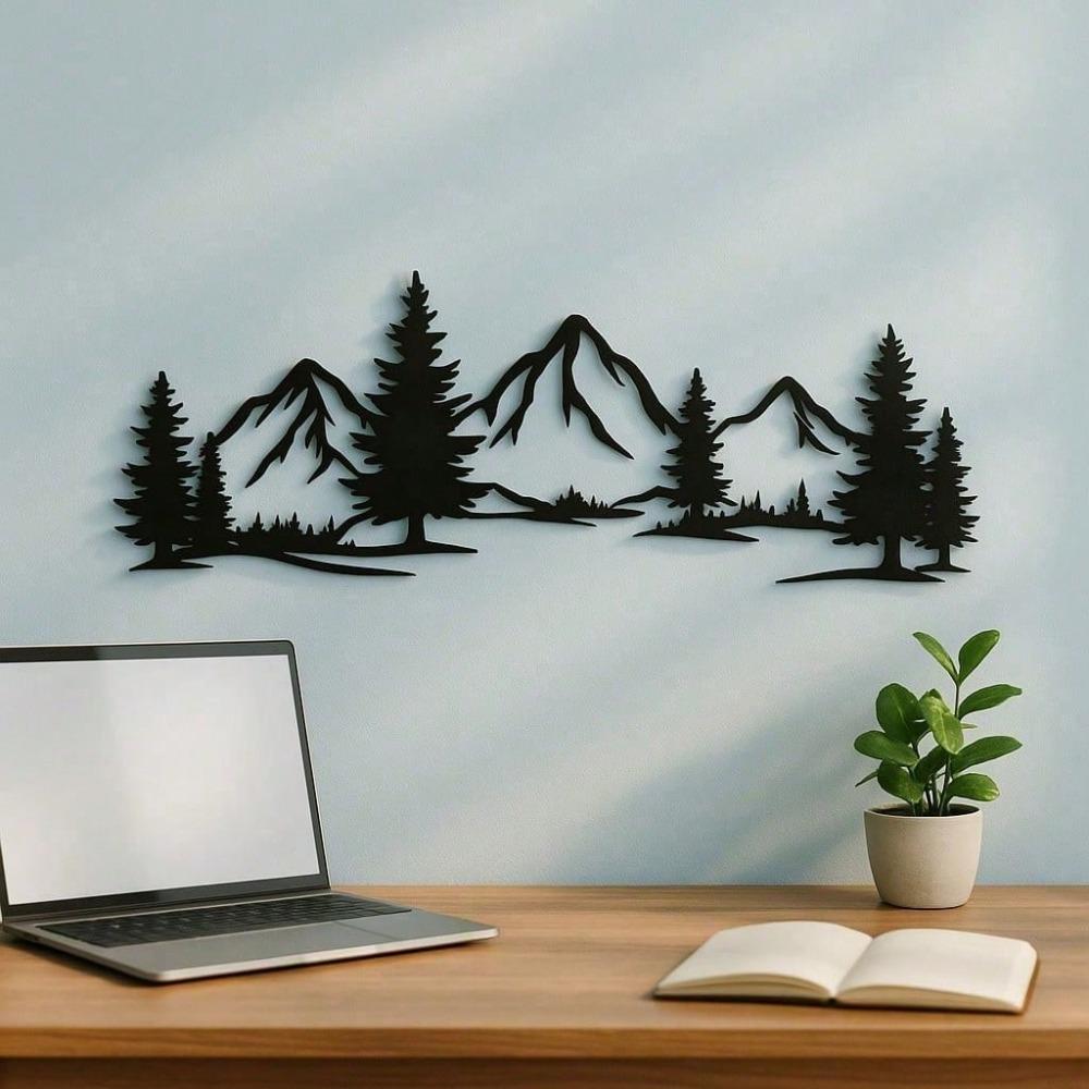 Metal Wall Art Mountain Forest Black Decor For Living Room Bedroom Office Modern Farmhouse Rustic Nature Inspired Wall Hanging Sign