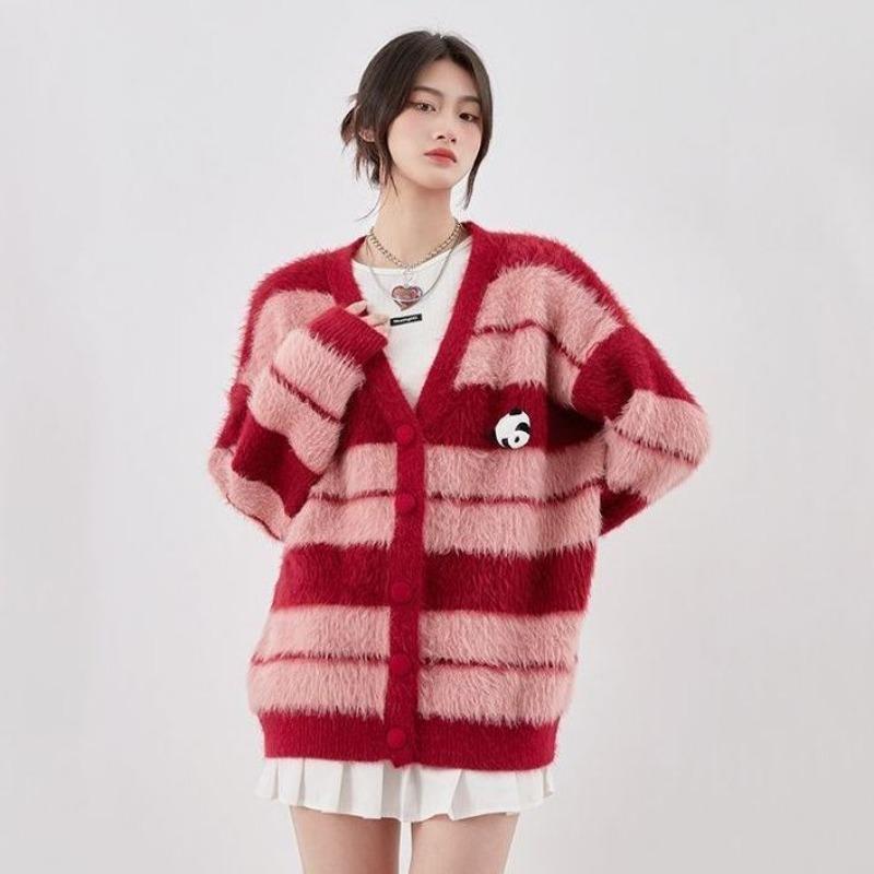 

Свитер-кардиган женский, 2023, имитация норкового флиса, японский полосатый вязаный кардиган с v-образным вырезом и длинными рукавами, свитер для женщин One Size красный