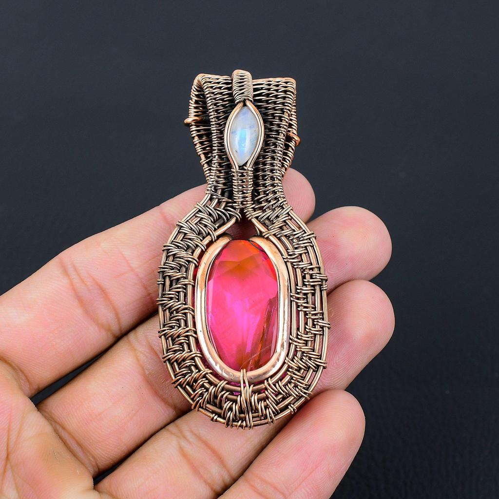 Amazing Rubellite & Moonstone Gemstone Handmade Pure Copper Wire Wrap Jewelry Pendant