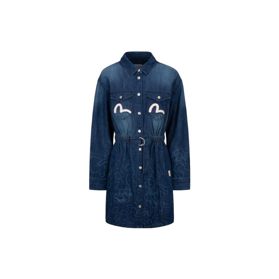 Evisu Laser Print Gradient Denim Long Sleeve Dress Women Dress Denim-Blue 2EAHTW1DR223FFDN