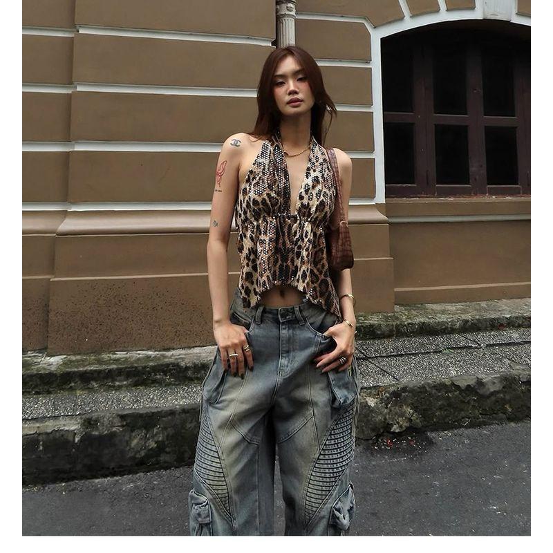 

# Sisjuly# American Retro Leopard Print Print Sequin Thin and Glittering Sexy Cut Out Halter Spaghetti Straps Beauty Back Vest Women Leopard print S