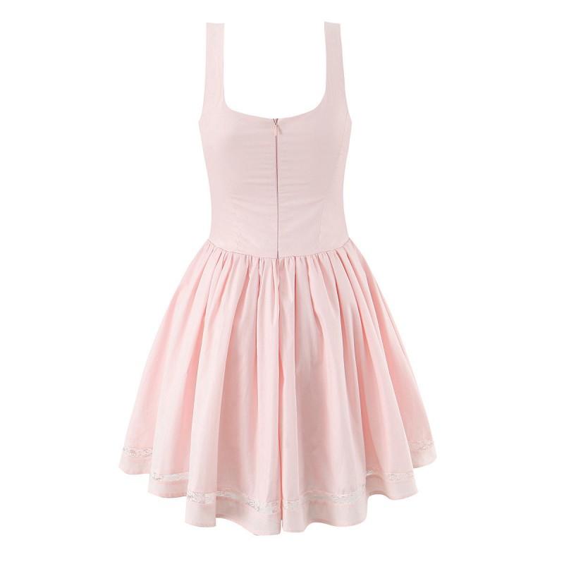 Womens Sweet Bow Lace Trim A-Line Slip Dress Short Pleated Slim Fit 2025