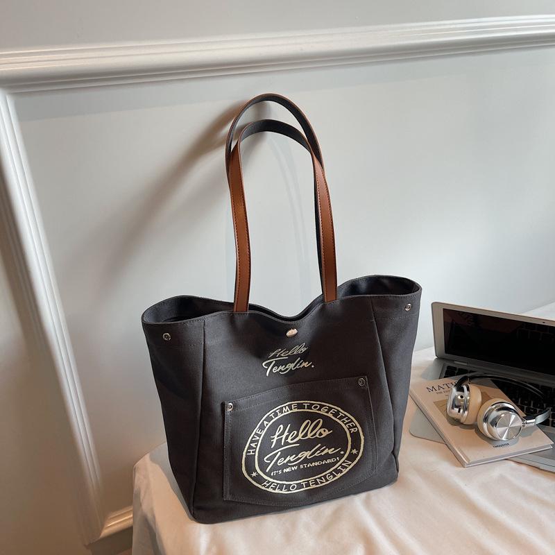 Fashi Korean Style Large Capacity Canvas Top Handle Bag Texture Simple Shoulder Bag for Women with Letter Print Storage Bags