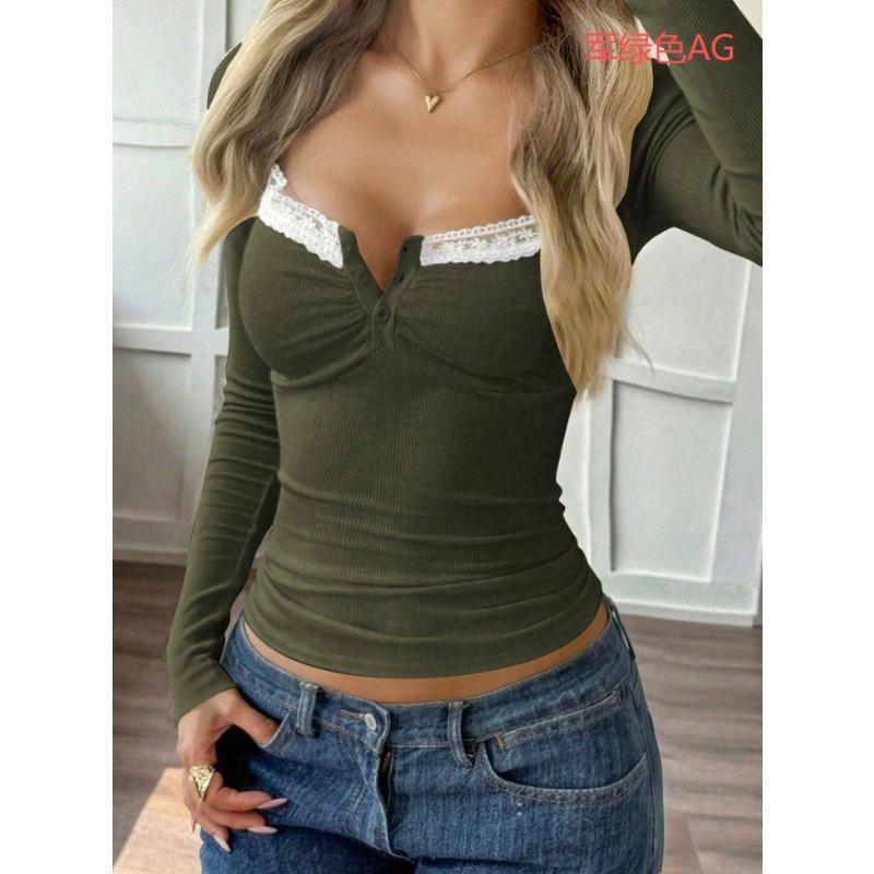 Spitze Langarm Basis T-Shirt Damen Herbst Winter