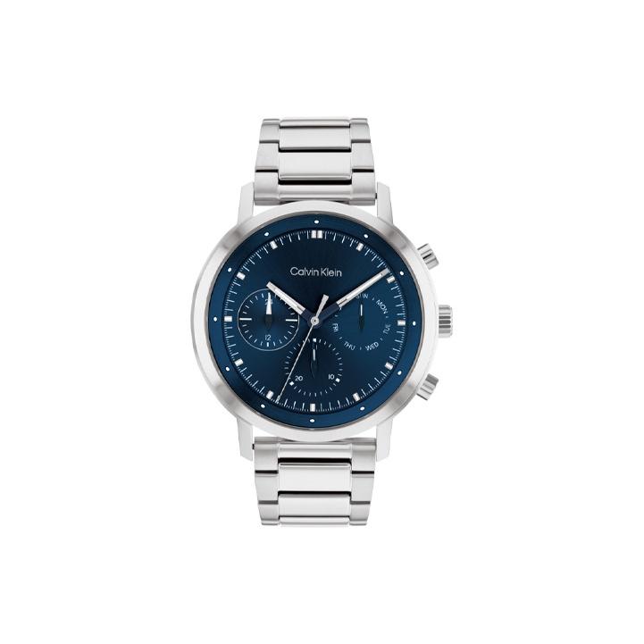 Calvin Klein Stilvolle Serie Quarz Uhr Edelstahl Armband 44 mm Blaues Zifferblatt Multifunktions Chronograph Drei Augen Herrenuhren Silber 25200063