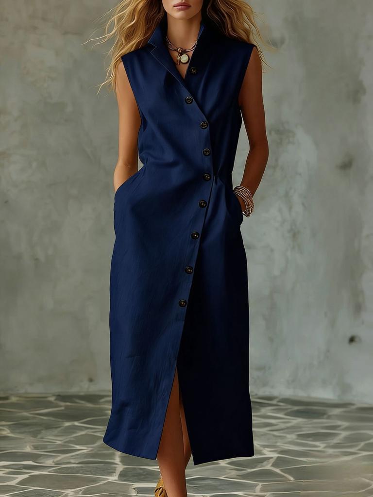 European and American solid color sleeveless dress women's summer lapel breasted breathable waist temperament dress