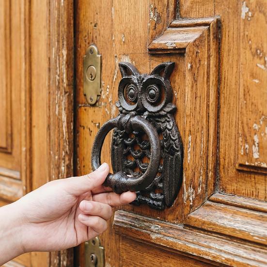 Huaqianguhh Retro Owl Door Knocker, Wrought Iron Hollow Carved Wall Decor, Multi-use Thickened Rustproof Cabinet Pull Handle, Pre-Drilled Holes