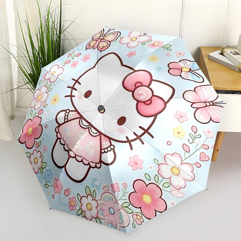 1pc Hello Kitty Floral Pattern Automatic Opening/Closing Umbrella - Portable Three-Fold Design with 8-Bone Iron Frame, Outdoor, Gift for Fans, Travele