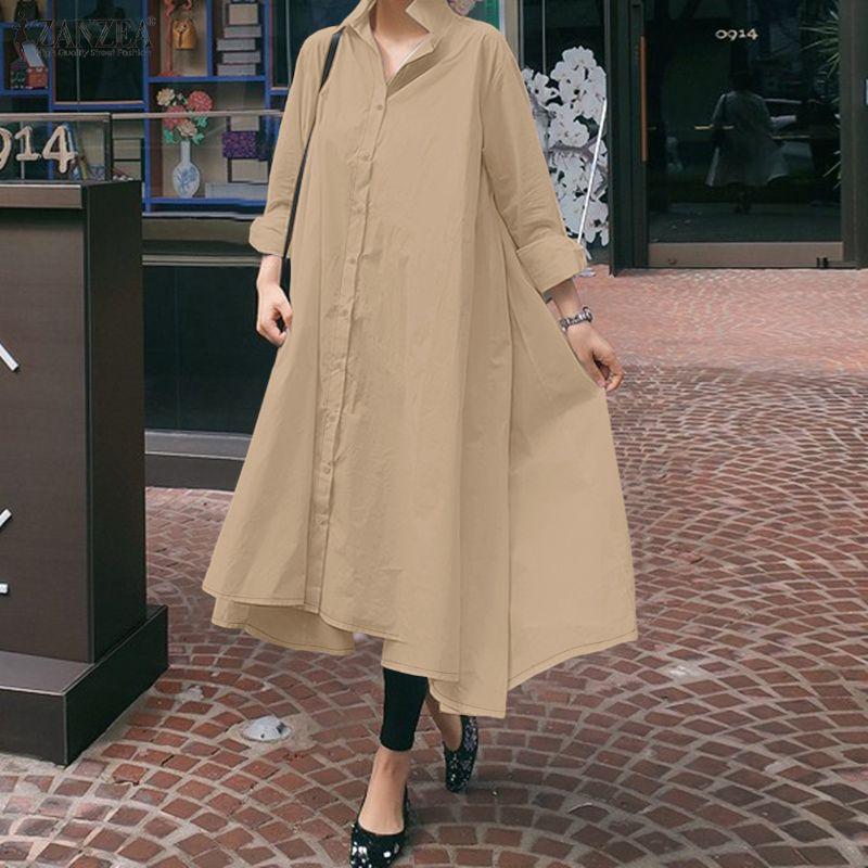 ZANZEA Women Casual Turn Down Collar Loose Long Sleeve Shirt Dress