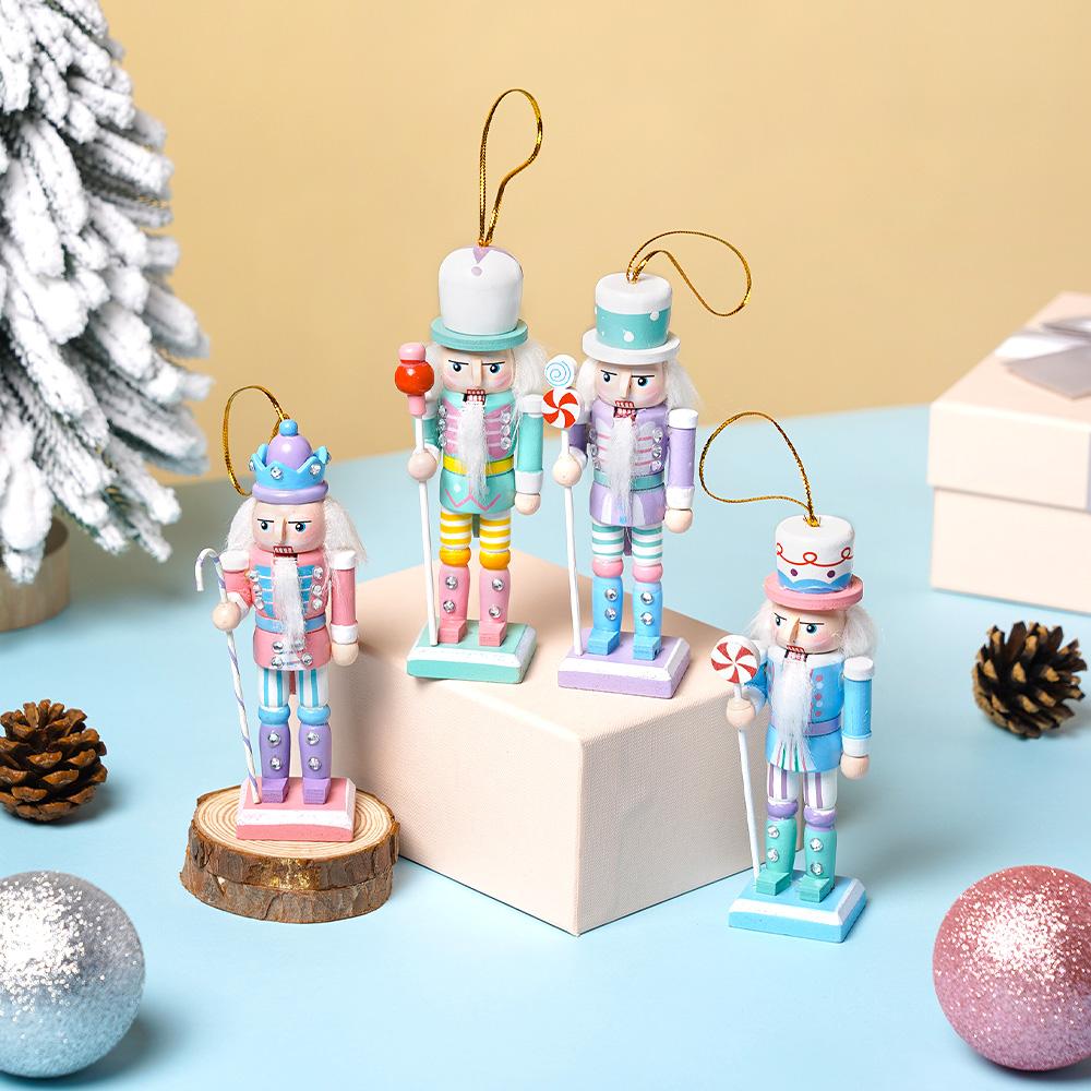 4Pcs Macaron Nutcracker pendant Painted Candy  Puppet Wooden Christmas Ornaments Holiday Party Home Decor Gift Xmas tree pendant