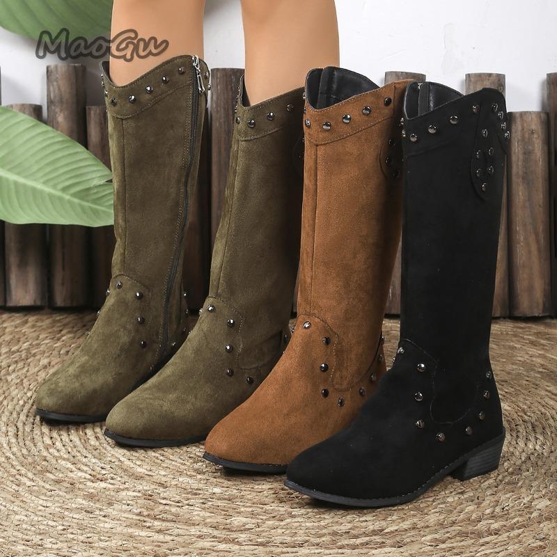 Autumn Winter Retro Western Cowboy Boots Women's Pointed Toe Chunky High Heel Fashion Boots New Size 36-43 Knee-High Boots