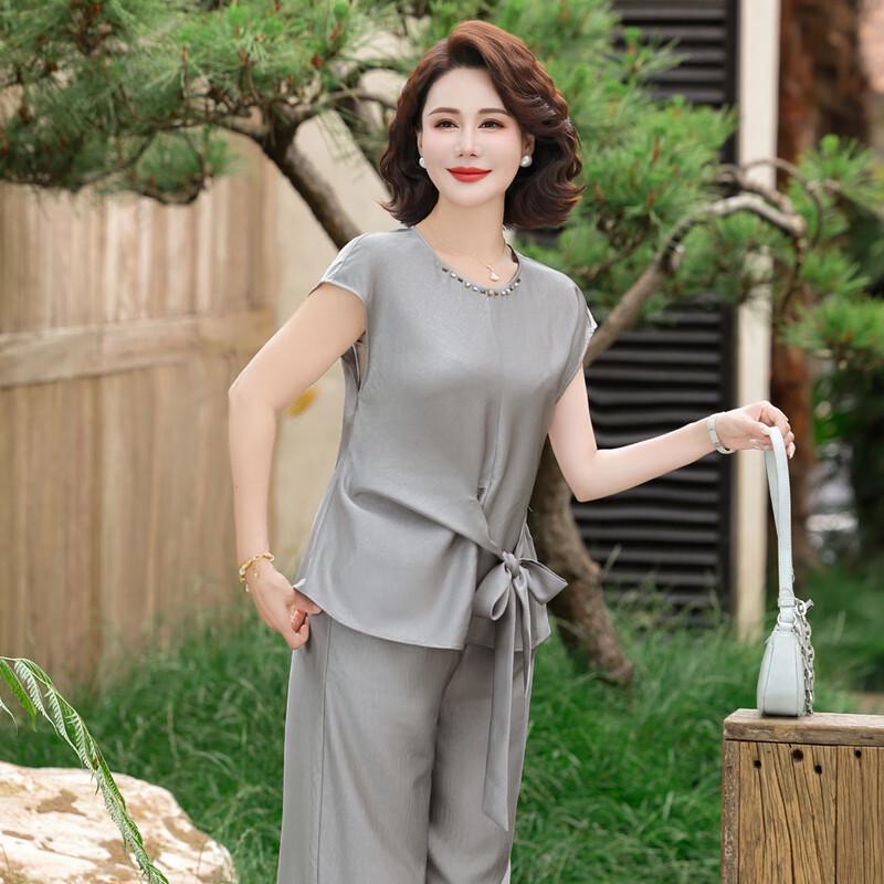 Women's Summer Two-Piece Outfit with Tie-Waist Top & Wide-Leg Pants
