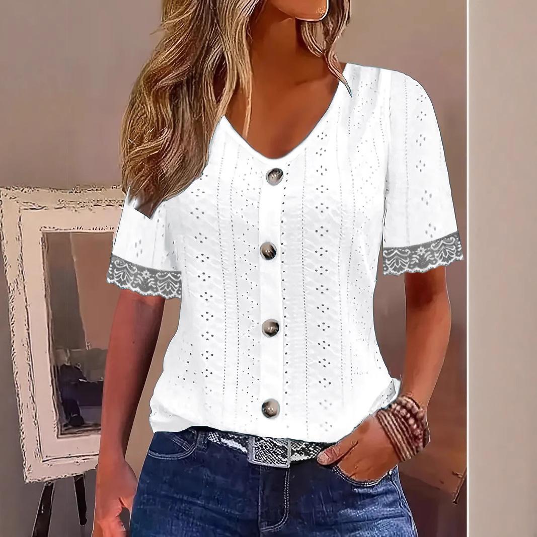 

Женская модная футболка Весенняя и летняя повседневная блузка Ажурный V-образный вырез Пуговицы Кружевная строчка Тренд Женская футболка XXL белый