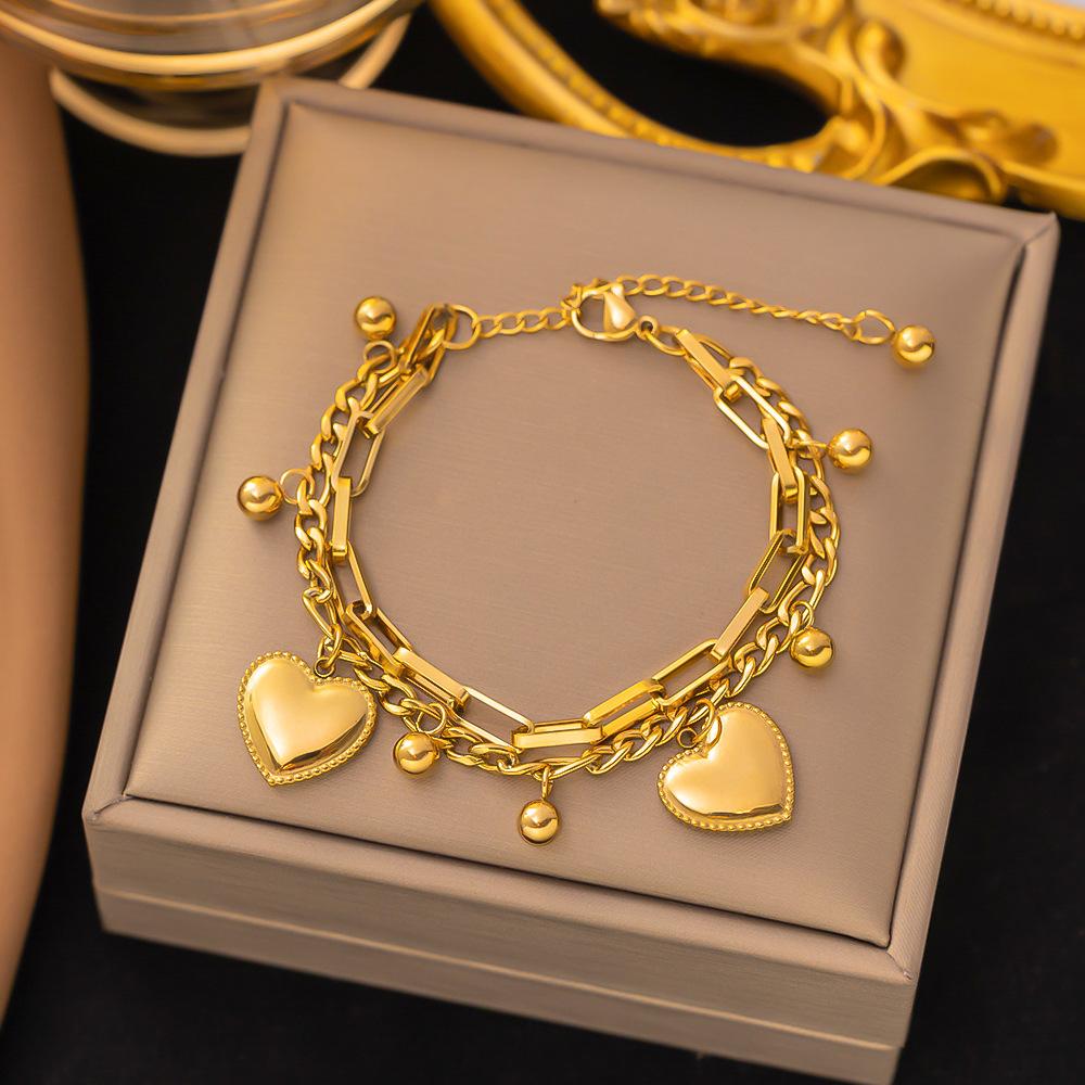 18K Gold Plated 316L Fashionable Titanium Steel Bracelets Waterproof Heart Roman Numerals Queen's Chain Link Bangles