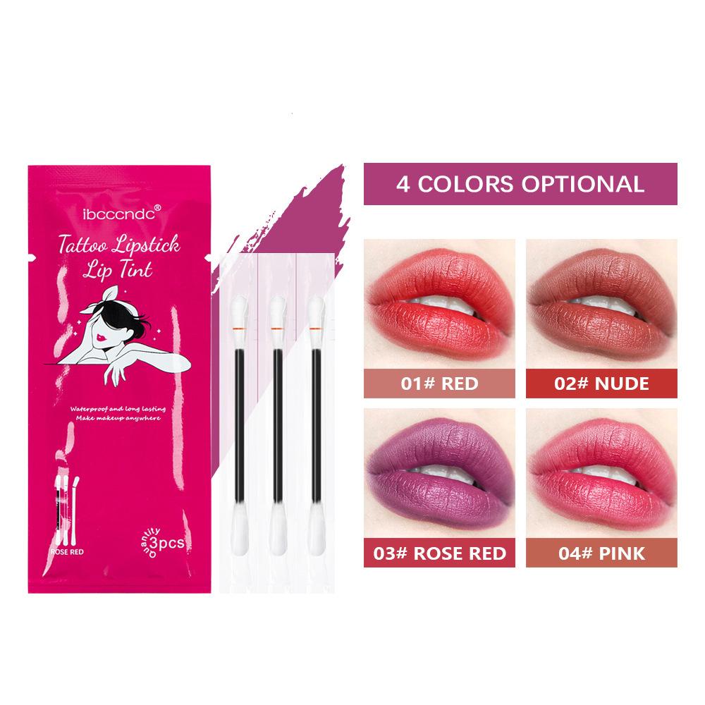 Nová 3-balení Pocket Cotton Swab Lip Gloss Samet Matte Přenosná odolná voděodolná a potu odolná bavlněná rtěnka