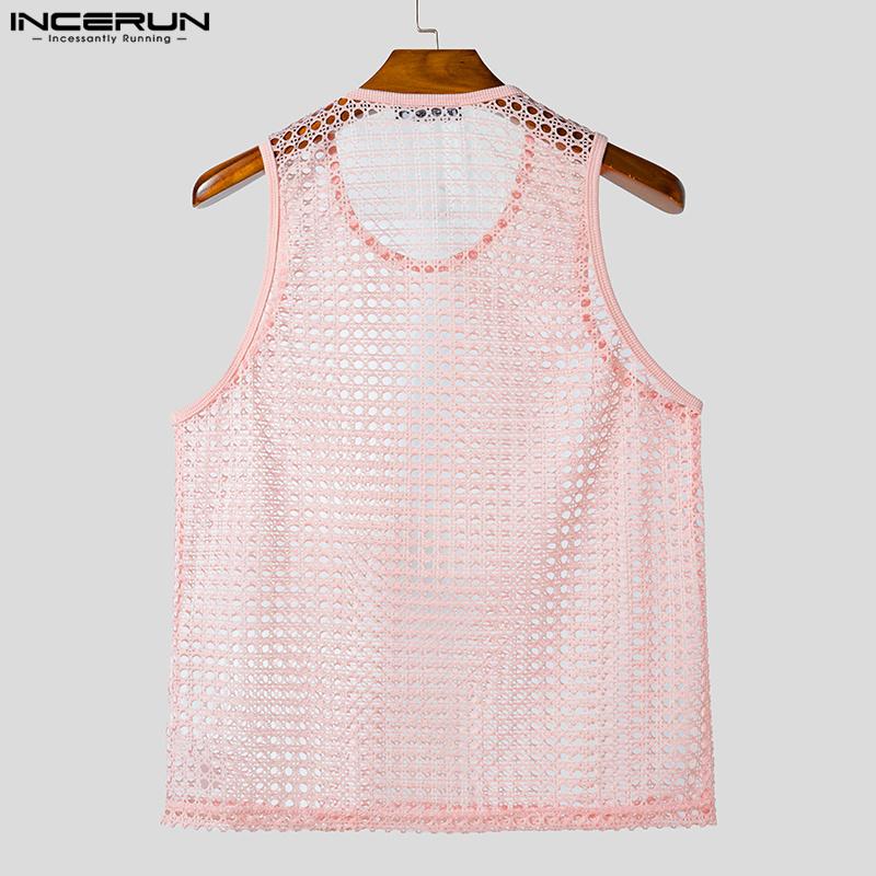 INCERUN Men O Neck Sleeveless Mesh Sheer Hollow Crochet Casual Beach Tank Tops