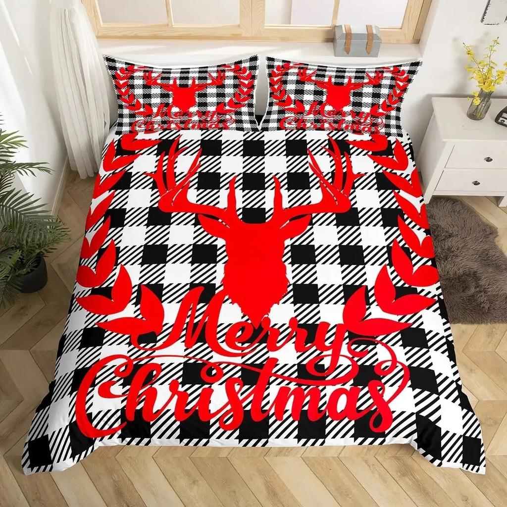 Frohe Weihnachten Bettbezug-Set, Rot kariert Rustikaler Truck Bettdeckenbezug, Karierte Weihnachtsbaum Elch Hirsch Schneeflocke Bettwäsche-Sets