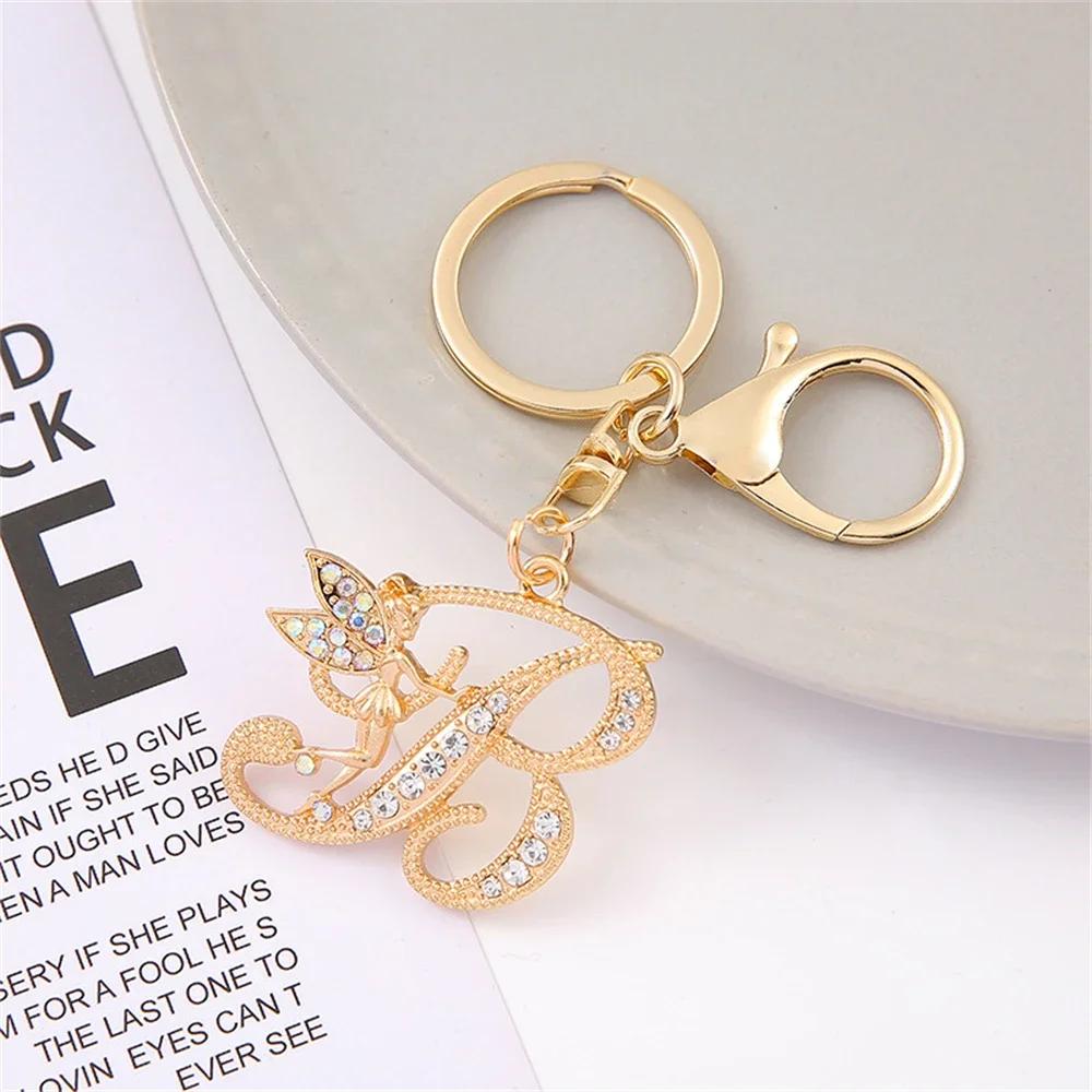 A-Z Rhinestone Elf Girl Letter Keychain Gold Color Initial Name Keyrings Girls Car Key Holder Handbag Purse Charms Decoration