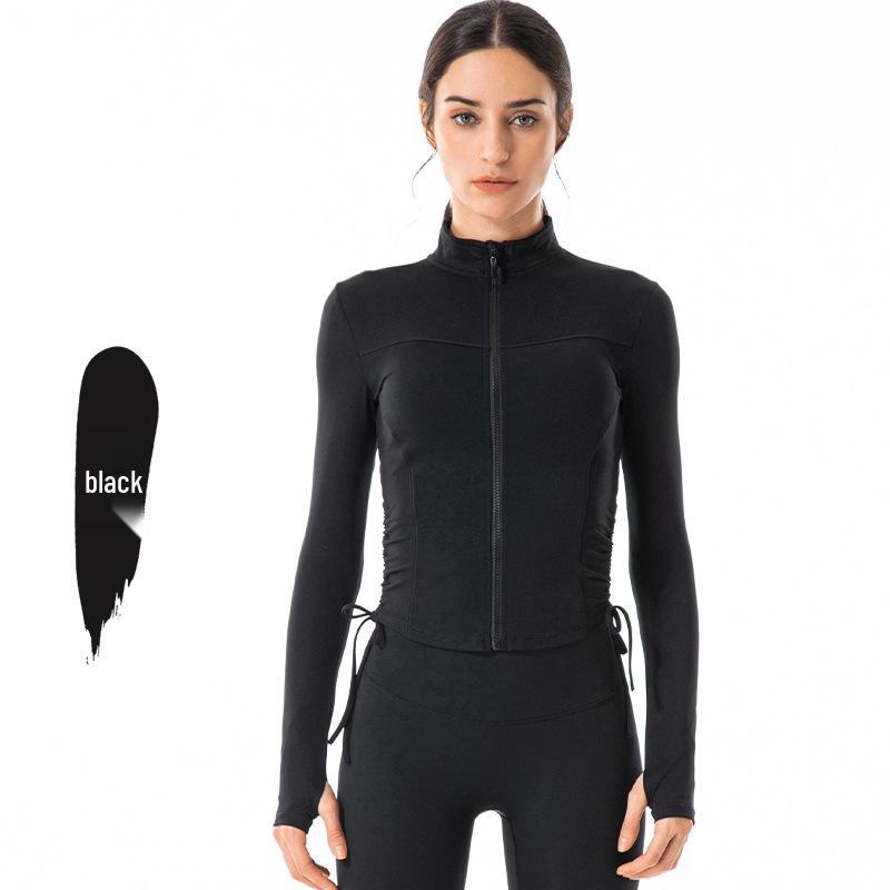 

Women s Long Sleeve Drawstring Zipper Yoga Jacket - European & American Style, Stand Collar, Slim Fit, for Outdoor Running & Fitness Large чорний