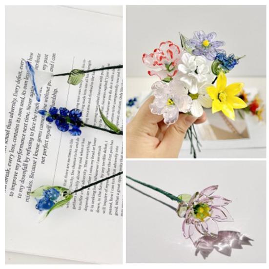 Floare de sticlă lucrată manual cu tulpină de sârmă, glazură colorată suflată manual, mini figurine florale, decorațiune, ornament pentru vază de flori de masă pentru casă, sufragerie, birou
