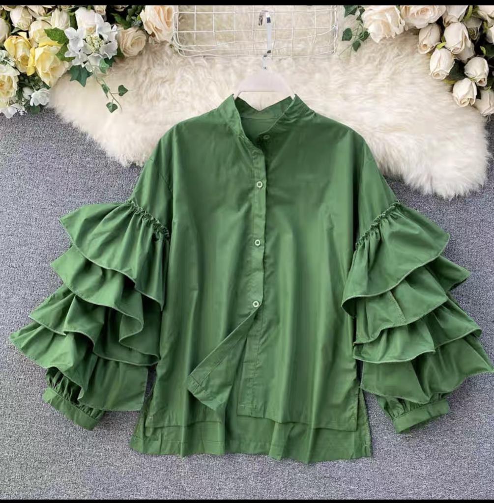 Stylish Shirt Women's Layered Ruffled Flared Sleeve Shirts Loose Stand-up Collar Tops