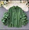 Stylish Shirt Women's Layered Ruffled Flared Sleeve Shirts Loose Stand-up Collar Tops