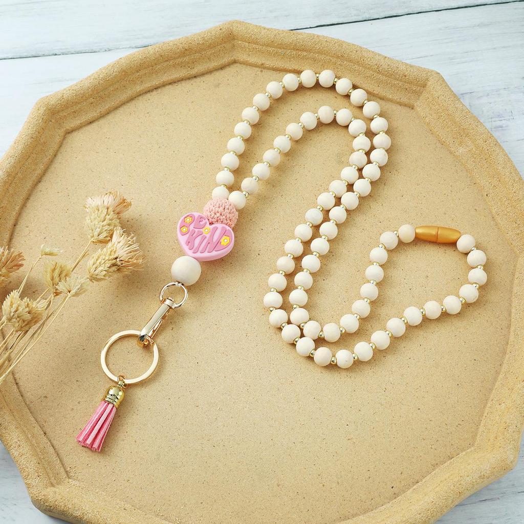 Heart Tassel Silicone & Wooden Bead Keychain Lanyard Necklace
