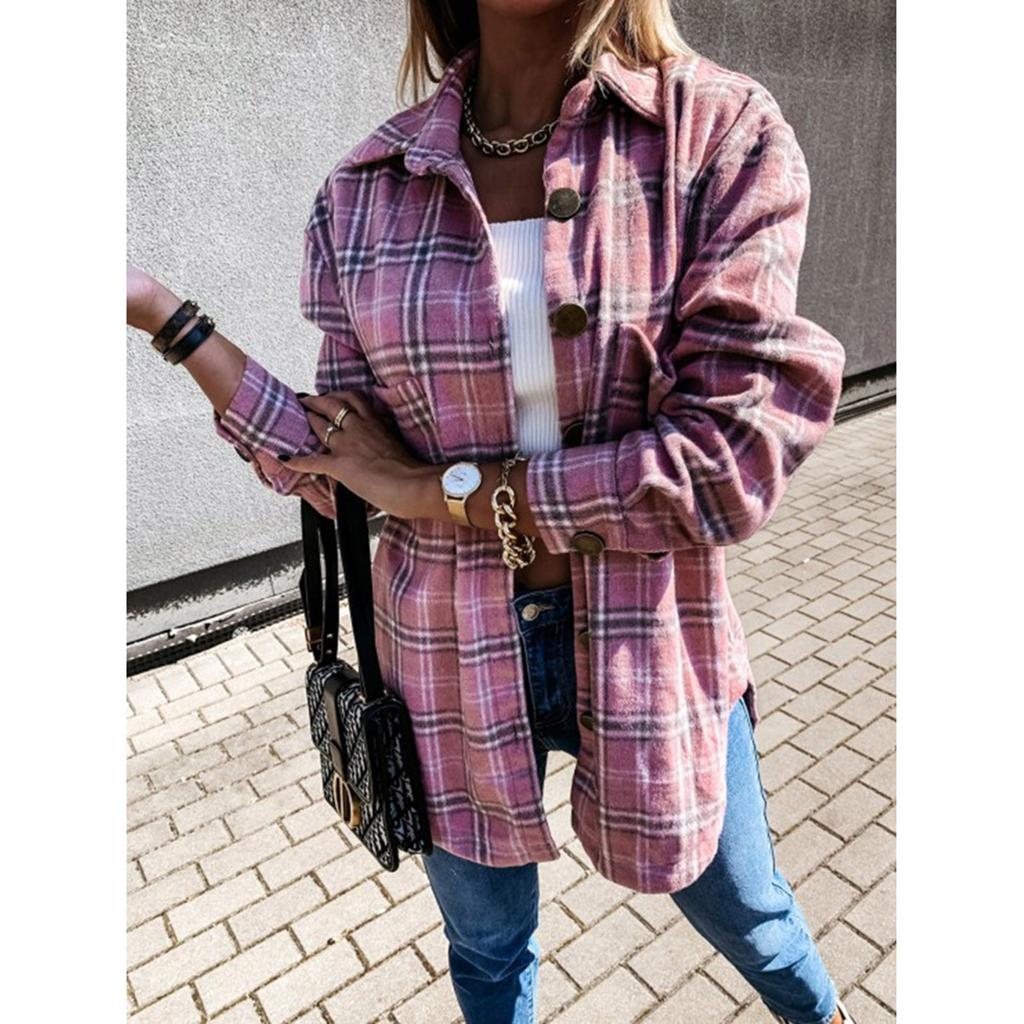 Dame Uformell løs langermet løs enkeltspent knapp, rutete lang frakk