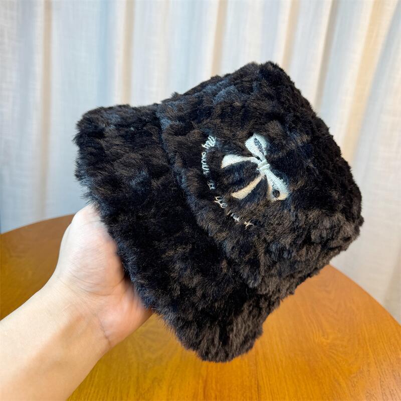 

Fisherman Hat Women s Winter New Plush Thickened Warm Bucket Hat White Bow Furry Basin Hat Trendy Adjustable