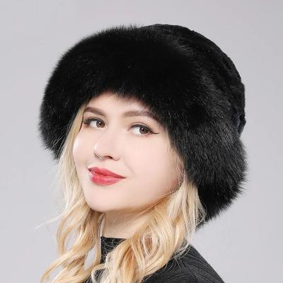 New Women Winter Real Rex Rabbit Fur Hats with Fox Fur Warm Fluffy Thick Winter Fur Hat Female Knitted 100% Real Rex Rabbit Fur Cap