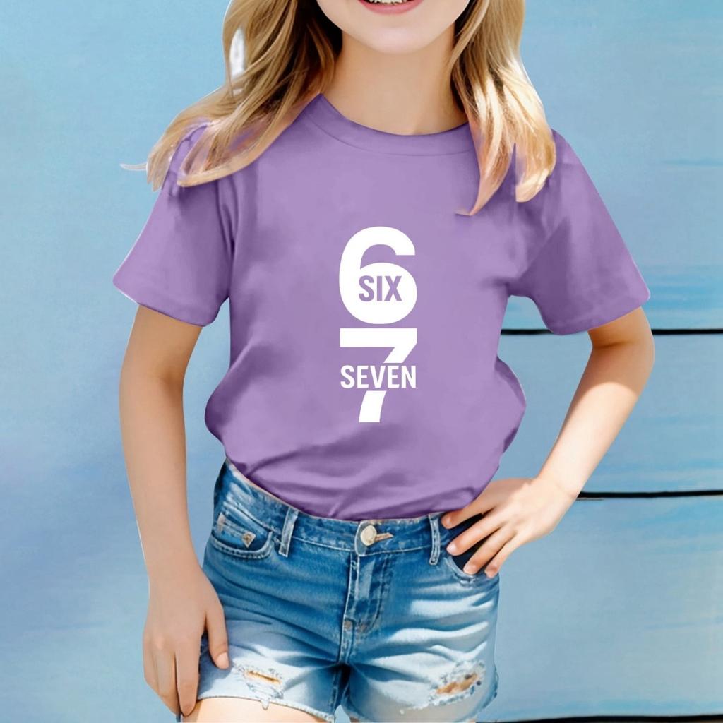 Children Funny Six Seven 67 Meme Print T-Shirt for Kids Humor Round Neck Tee Novelty Gift Girl Top Fashion Children's Clothing