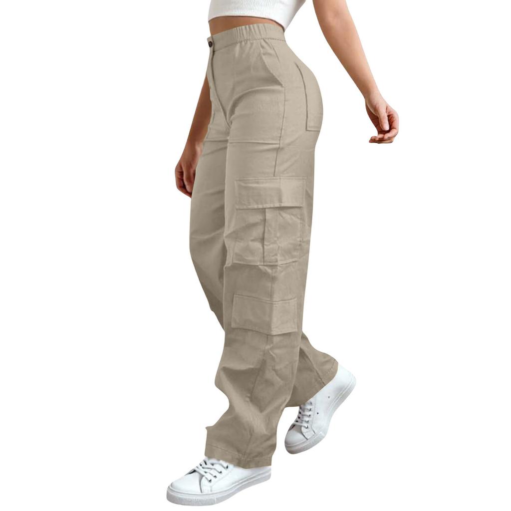 Womens Elastic High Waisted Cargo Pants Stretch Casual Wide Leg Streetwear Parachute Hiking Pants With Pockets
