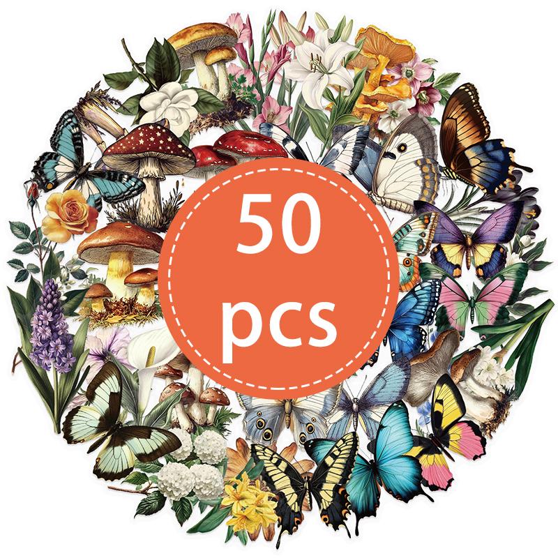 Набор из 50 наклеек с бабочками, красочные наклейки с цветами и грибами, водонепроницаемые наклейки для ноутбука, канцелярских товаров, багажа, скрапбукинга