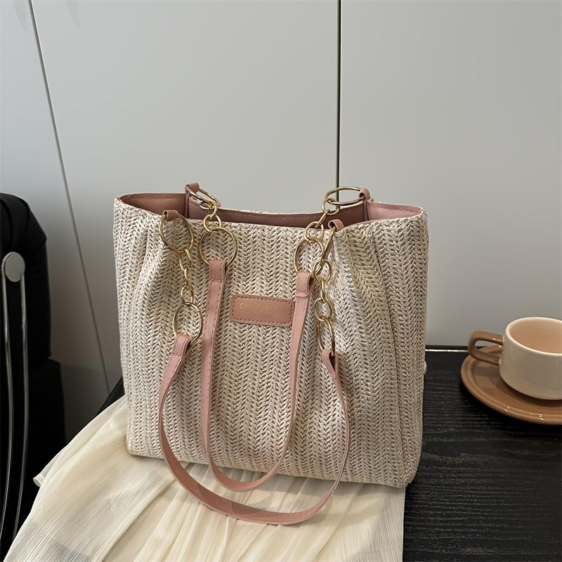 Ladies Tote Bag, Spacious Vacation Straw Woven Shoulder Bag, with Fixed Double Shoulder Straps And Chain Handle, for Shopping, Work, Travel